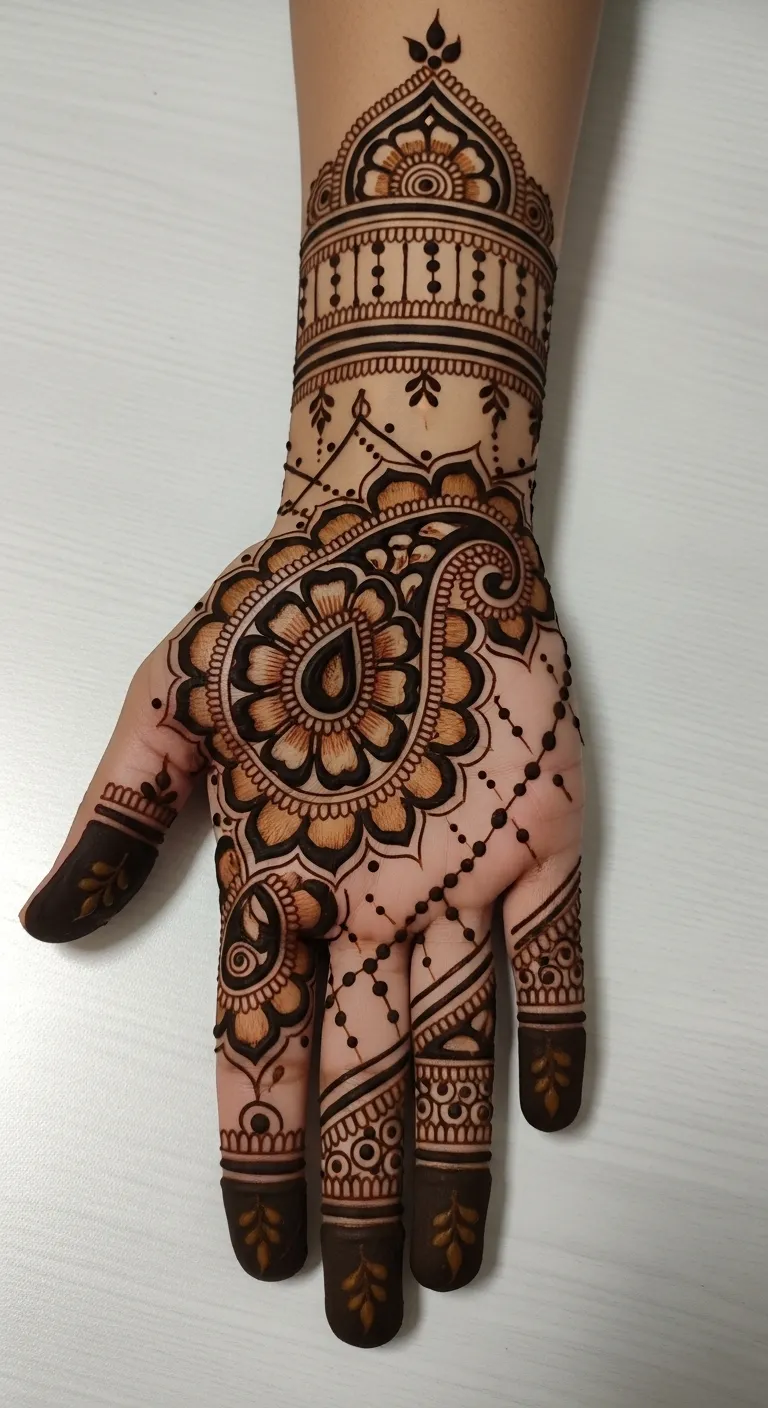 Trending Arabic mehndi with large shaded paisley