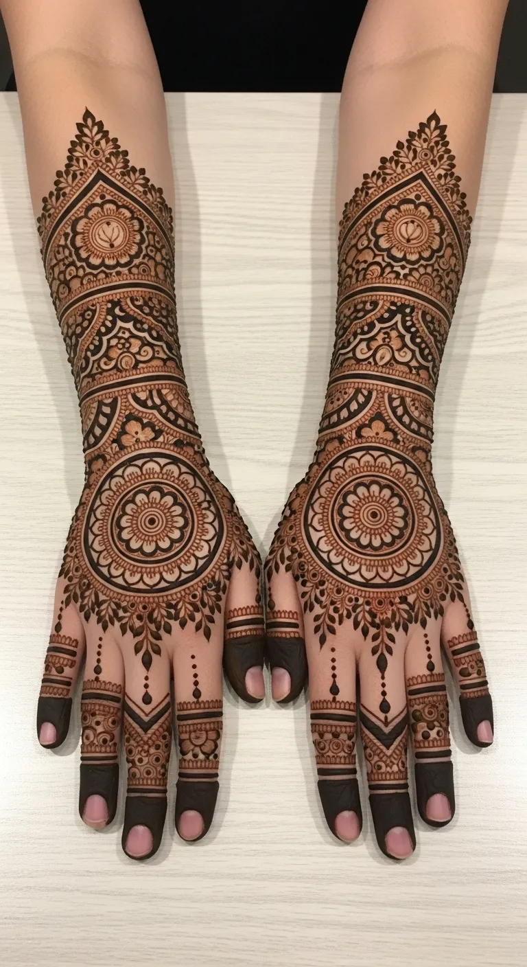 Trending back hand mehndi with central mandala design