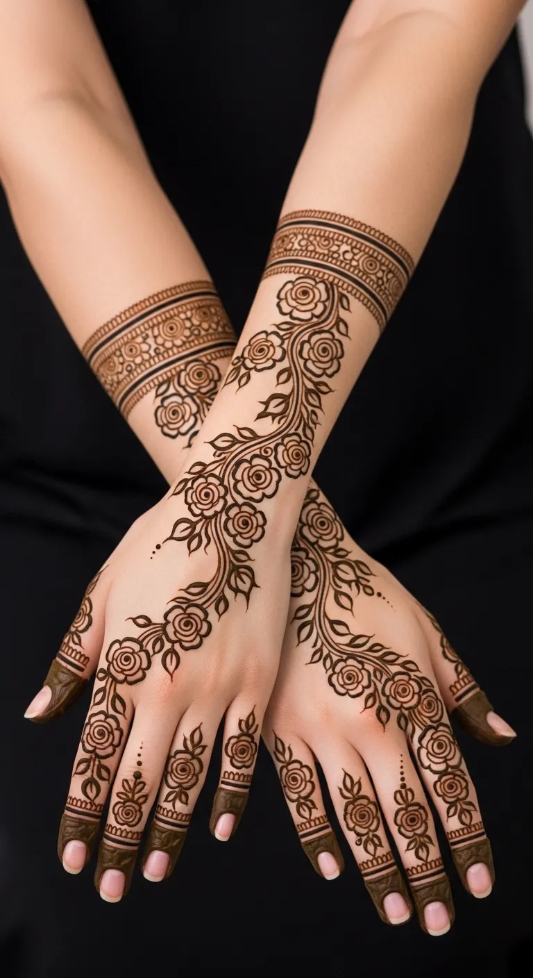 Trending floral bail mehndi with rose motifs