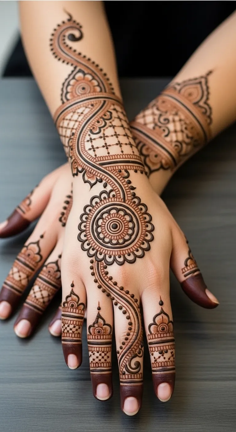 Trending bail mehndi flowing from wrist to ring finger
