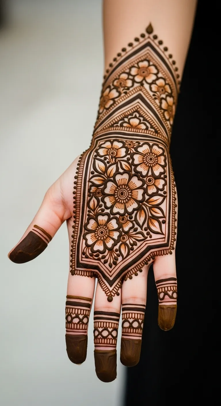 Trending mehndi design with bold floral and geometric border