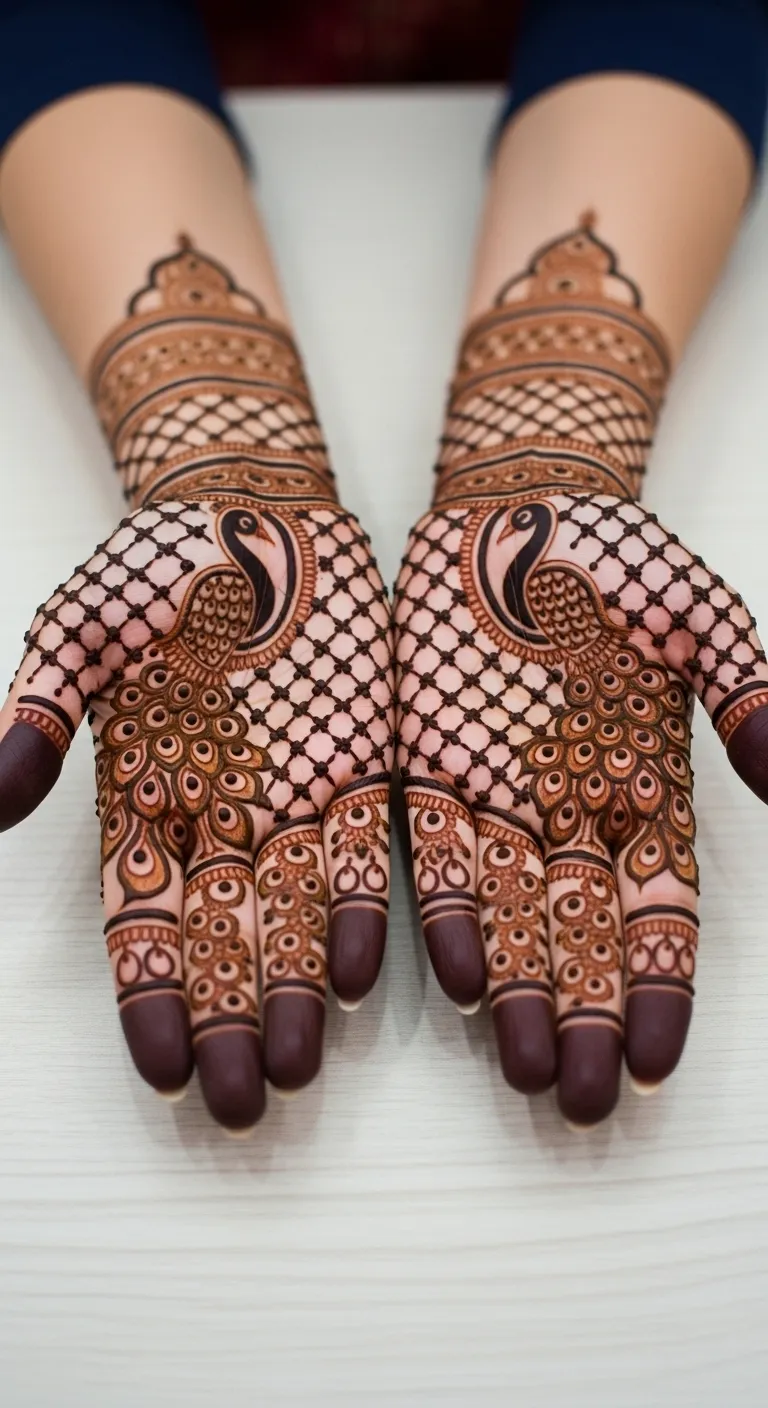 Trending bridal mehndi with jaal and peacock design