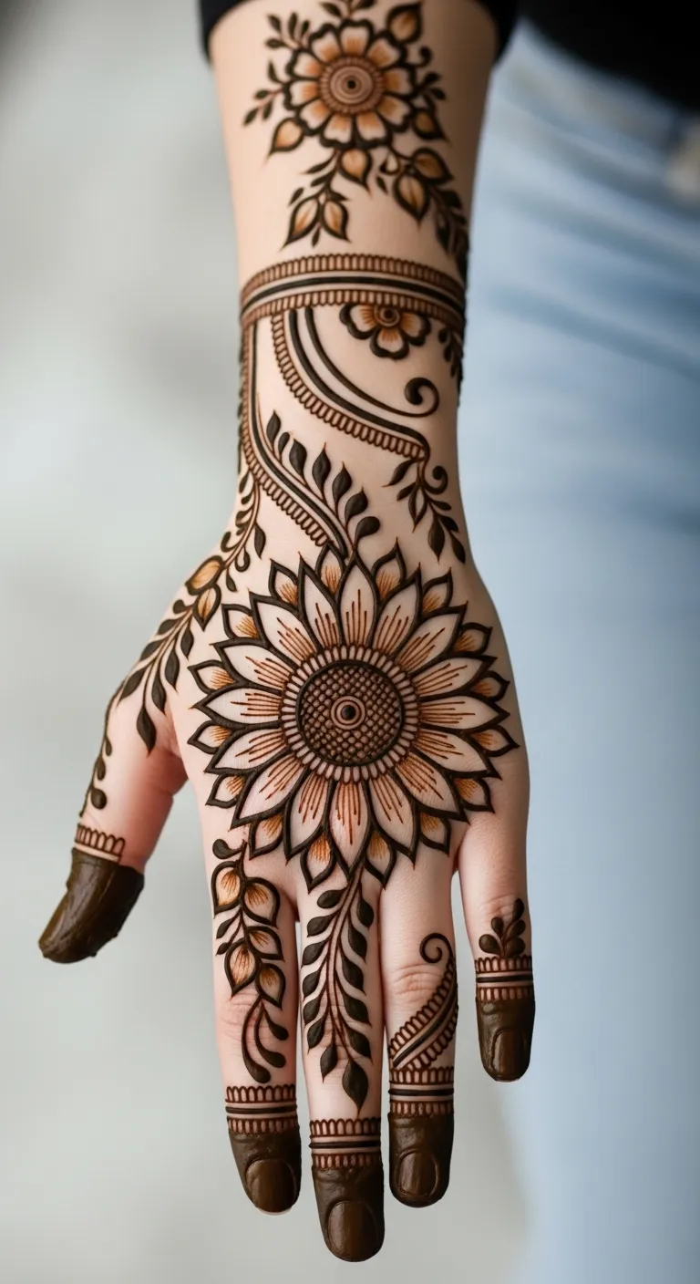 Trending sunflower mehndi design with petals