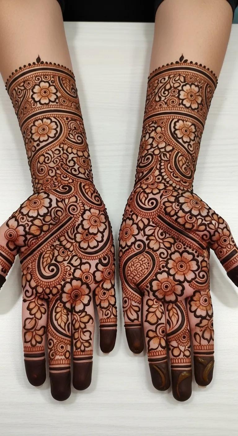 Trending full hand mehndi with floral and paisley