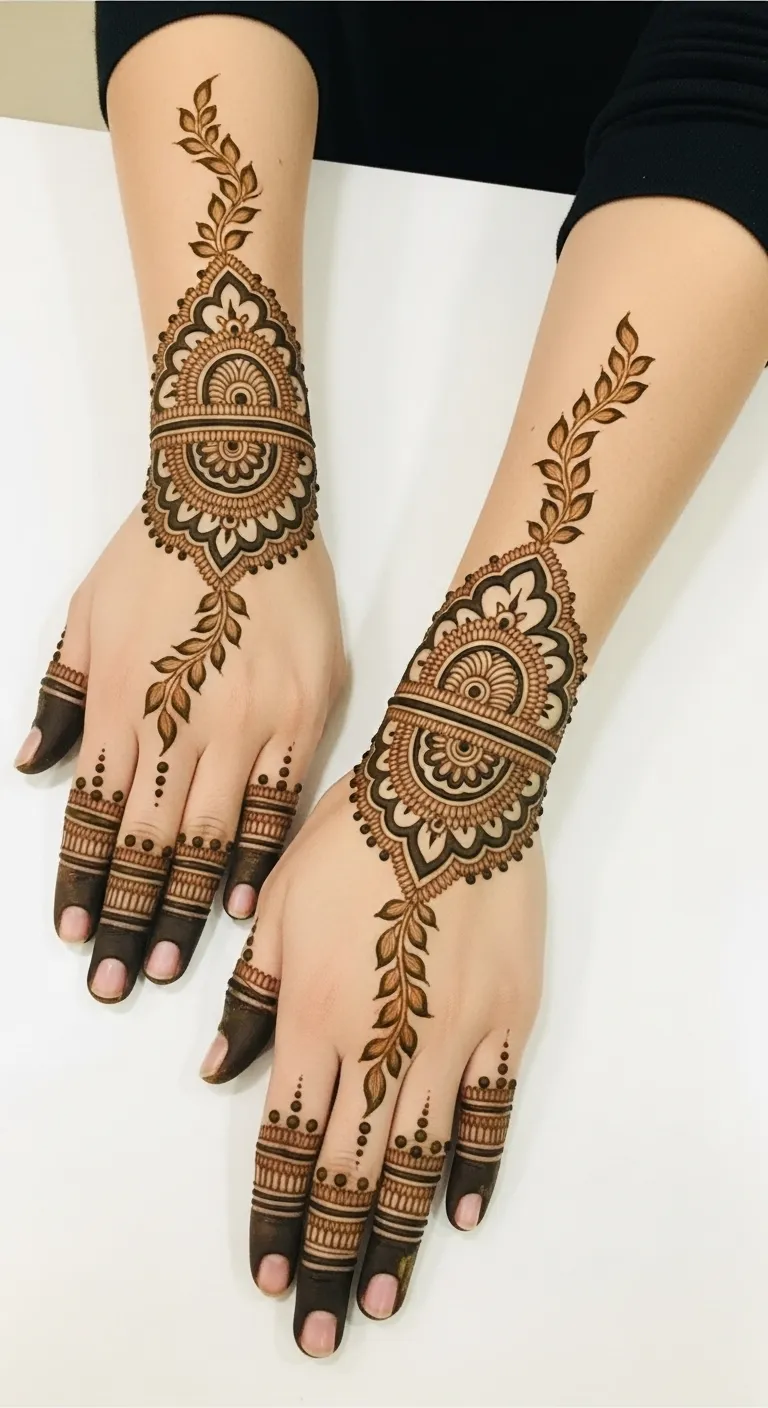 Trending half mandala mehndi on wrist with vine