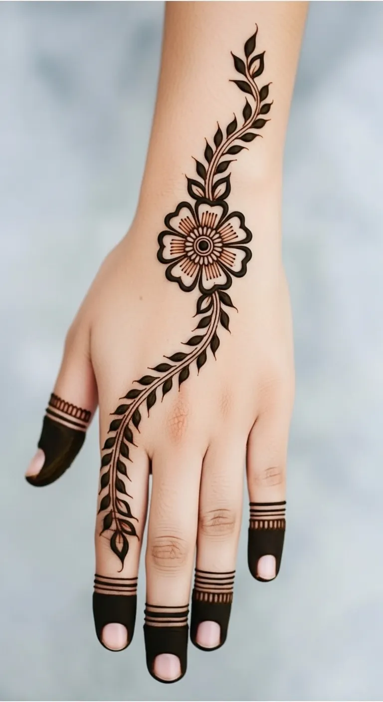 Trending simple mehndi with single flower and leaf trail